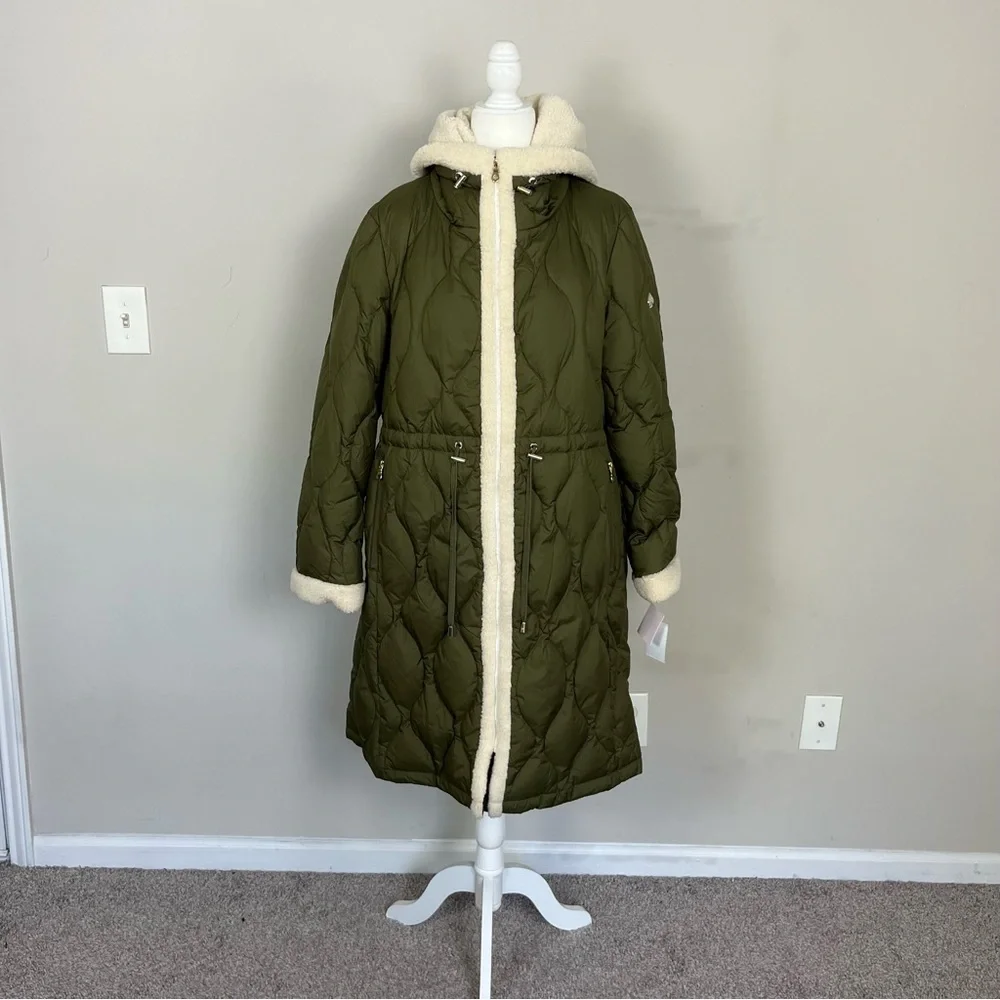 NWT KATE SPADE FAUX SHEARLING TRIM DOWN AND FEATHER FILL LONG COAT OLIVE SIZE XL - Picture 6 of 16